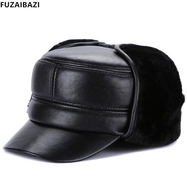 Cappelli a tesa larga FUZAIBAZI Moda di Mezza Età Genuino Cappello di Pelle Paraorecchie Invernali Termico Pelle di Pecora Militare Addensare Berretto Piatto di Velluto