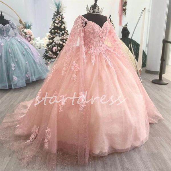 Pembe quinceanera elbiseler pelerinli kollu lüks çiçekler pul pequin tatlı 16 parti doğum günü elbisesi xv para vestios de debutante 15 anos pageant resmi elbise 2024