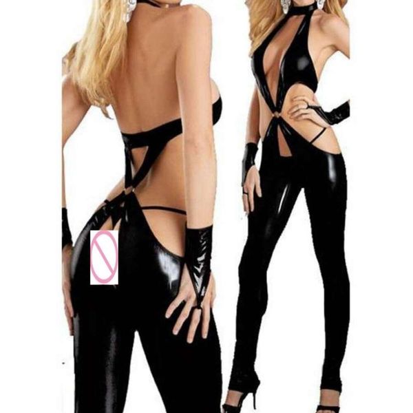 Catsuit sexy in ecopelle effetto bagnato Body in lattice di PVC Lingerie con apertura sul cavallo Clubwear Fetish Hot Erotic Pole Dance PU Body