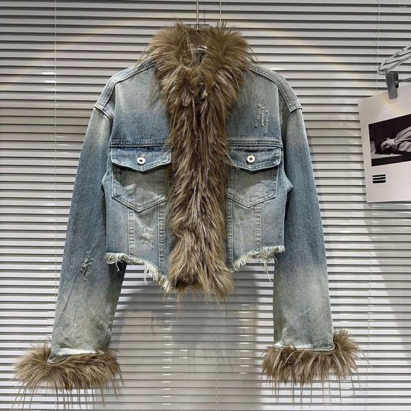 Женские куртки 2023, осень/зима, джинсовая куртка с меховым воротником и манжетами, короткое пальто
