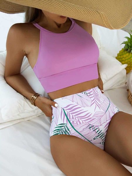 Swimwear Sexy Light Purple High Waist Bikini 2022 Woman High Neck Badeanzug Female Two Pieces Swimwear Women Print Beach Wear Badeanzug AA230419