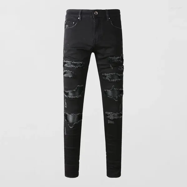 Jeans masculinos rua moda homens preto estiramento magro ajuste rasgado punk calças de couro remendado designer hip hop marca calças