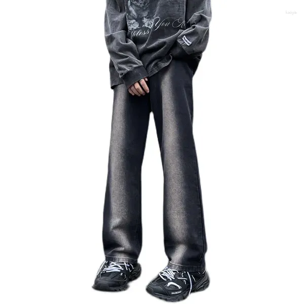 Jeans masculinos início do outono americano high street leve sino-bottom calças homens cor contraste magro