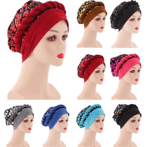 Ethnische Kleidung Pailletten Turban Frauen Muslim Hijab Zöpfe Mütze Mütze Hut Kopftuch Wrap African Auto Geles Aso Oke Headtie bereits hergestellt