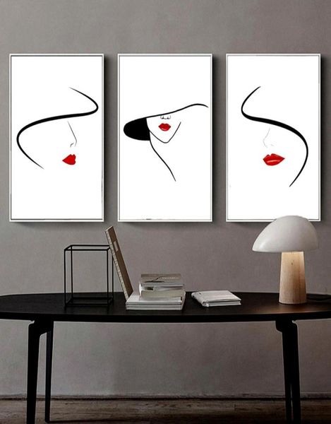 Nordic minimalista linha desenho feminino pintura abstrata lona arte da parede preto branco vermelho decoração parede cartaz 3pcsset sem moldura4222288