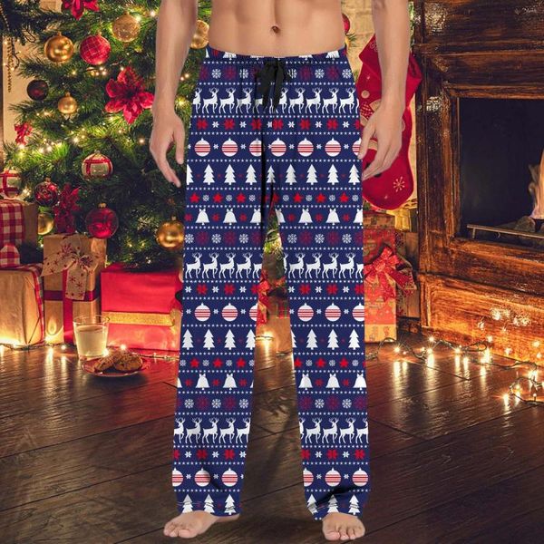 Мужские брюки, рождественские мужские синие брюки в полоску с оленями и лосями Vantage, мужские пижамные брюки, свободные брюки Санта-Клауса в стиле ретро