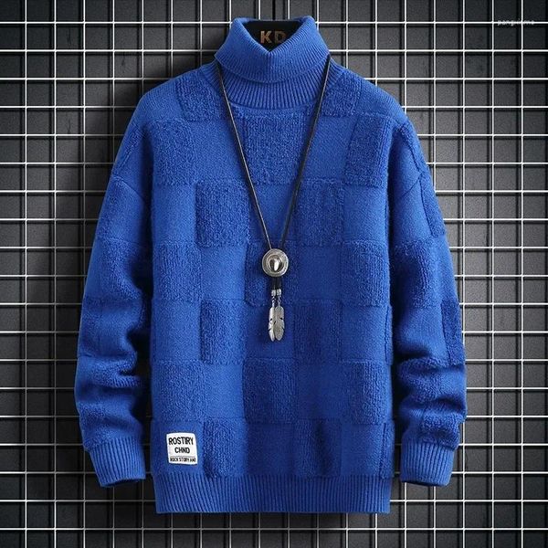 Suéteres masculinos versão coreana gola alta cor sólida engrossado suéter quente para inverno fino encaixe casual solto pulôver de malha verificado