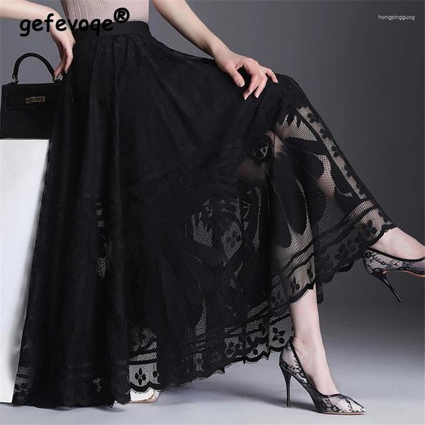 Röcke Frauen Vintage Sexy Hohle Spitze Hohe Taille Elegante Party Langen Rock Sommer Mode Schwarz Plissee Fee EINE Leinen Maxi faldas