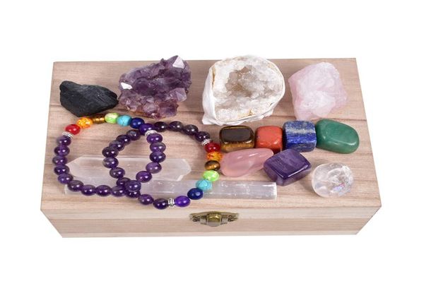 Todo o artesanato de cascalho de cristal natural cura pedra conjunto caixa de madeira charme 7 pedras chakra kit para meditação 5548435