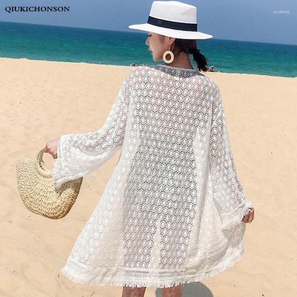 Damenblusen, lange Sommer-Cardigan, Spitzen-Top, Damen, sieben Ärmel, ausgehöhlt, gehäkelte Polka-Dot-Bluse, sonnenbeständiger böhmischer Strand-Kimono