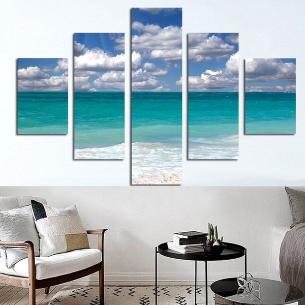 5panel Clouds Beach Modern Minomilist Natural Natural Spares Modular Canvas Плакаты рисования и отпечатки на стенах для гостиной