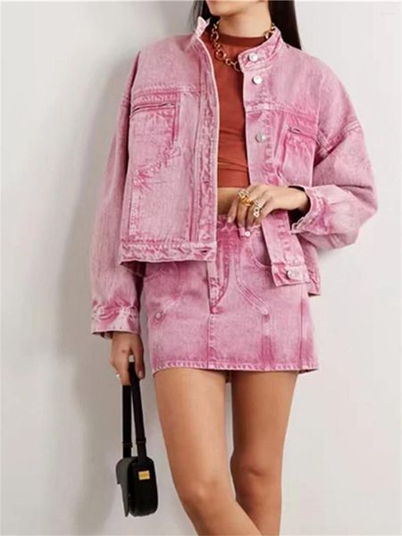 Giubbotti da donna Donna Distress Giacca corta in denim rosa Colletto alla coreana Monopetto Capispalla retrò Cappotto femminile 2023 Autunno