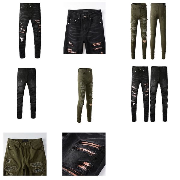 Preto verde jeans mens designer jeans marca homem calças compridas calças streetwear luxo magro reto motociclista jean rasgado buraco estiramento miris jeans angustiado