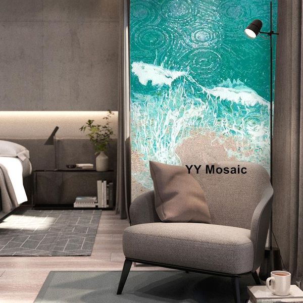 Carte da parati High-end Custom Art Mosaico di vetro Murale Parete Casual Blue Ocean Beach Piastrelle Bagno Soggiorno Decorazione