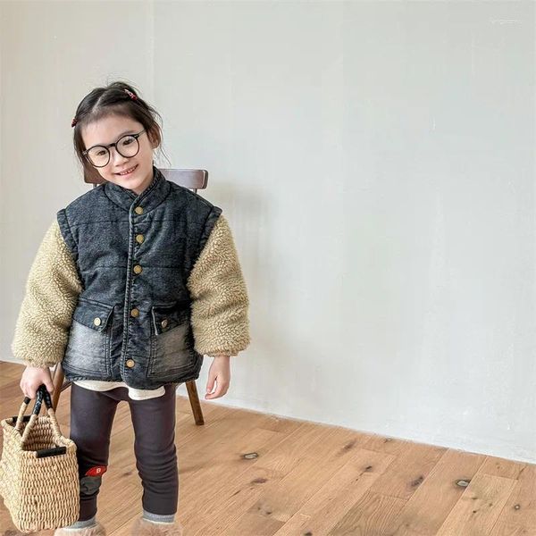 Ceketler Sonbahar Kış Kid Kız Polar Kırık Denim Pamuk Ceket Bebek Retro Retro Plus Velvet Sıcak Üstleri Çocuk Günlük Ceket