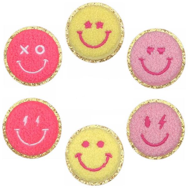Smile Face Patch zum Aufbügeln, Nähen, niedliches Aufbügler, 5,1 cm, Glitzer-Chenille, Preppy Happy Face Applikation für Hüte, T-Shirts, Rucksack, Jacken, Kleidung, DIY-Handwerk