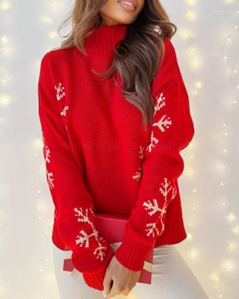 Maglioni da donna Natale modello fiocco di neve maglione lavorato a maglia collo alto elegante temperamento magro pendolarismo autunno e inverno 2023