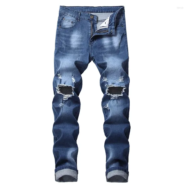 Jeans masculinos denim maré marca moda retro buraco regular ajuste reto personalidade remendo juventude mendigo calças tamanho grande