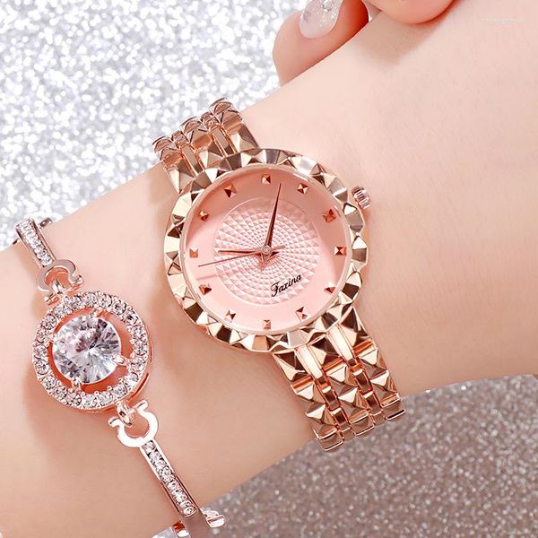 Orologi da polso Moda 2 pezzi Set Orologi da donna Lusso Magnete Fibbia Fiore Strass Orologio da donna Bracciale da polso al quarzo Reloj A3743