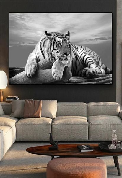 Schwarz-Weiß-Tiger-Leinwandgemälde, Kunstdrucke, Wandkunst, Bilder, abstrakte Leinwand, Tiger, Poster, Gemälde, Heimdekoration, 6833511