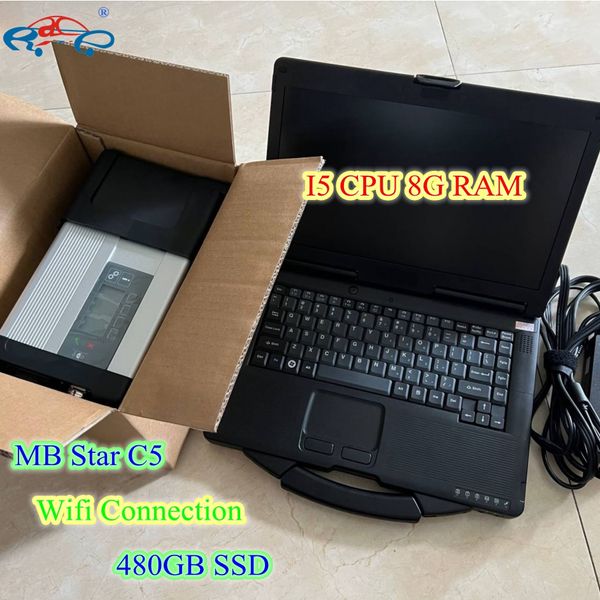 Автоматическая диагностическая инструмент MB Star C5 Compact 5 SD Connect 480GB SSD V12.2023 Последние мягкие/посуды использовали ноутбук CF53 I5 CPU 8G RAM для Mercedes Cars Code Scanner