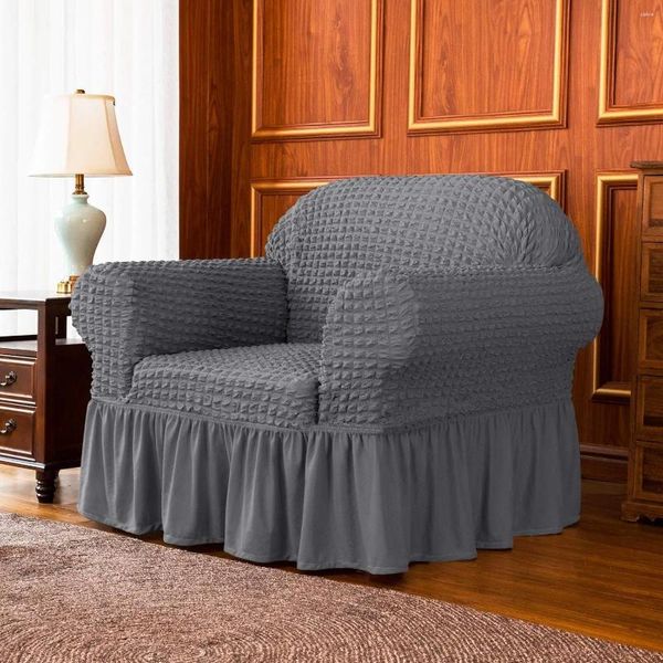 Coprisedia Fodera per divano Seersucker color kaki a 1 posto con gonna Protezione universale per mobili elasticizzata facile da montare