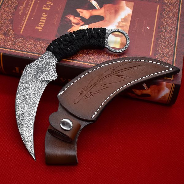 En Kalite A1901 Karambit Bıçağı 420c Lazer Desen Bıçağı Tam Tang Paracord Sap Sabit Bıçak Deri Kılıflı Taktik Pençe Bıçakları