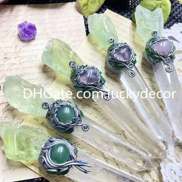 Clear kuvars nokta yeşil kristal sihir değirmeni sanatlar el yapımı düzensiz ham kaba doğal taş altıgen sütun beyaz kristal çubuk polimer kil cadı sihirbaz scepter