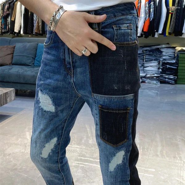 Jeans masculinos homens magro elástico jean tendência marca moda calça estilo europeu personalizado bordado contraste cor buraco remendo