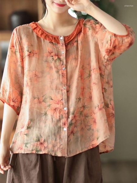 Blusas femininas camisa de lazer verde as mulheres vermelhas tops mujer vintage impressão floral casual retro verão linho de algodão Blush Blusas Top Blusas