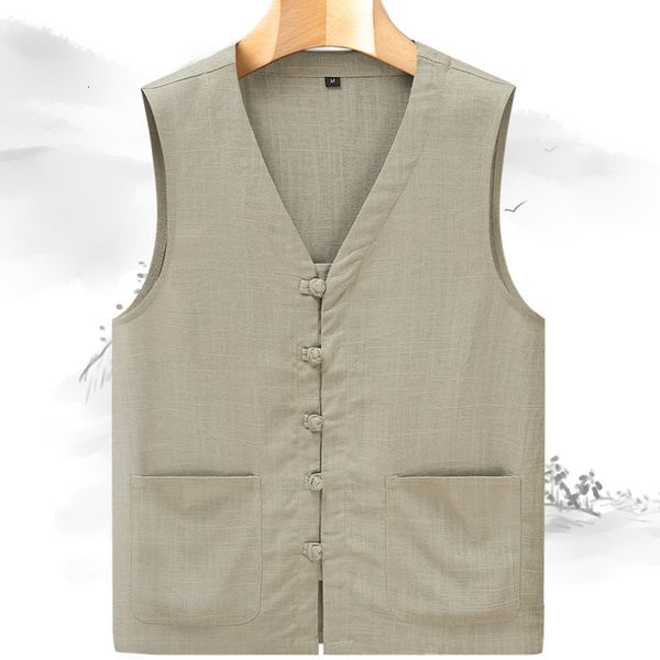 Gilet da uomo Gilet cinese Tang Suit Plate Button Camicia Top Kung Fu Giacca senza maniche Retro Large Size Casual 230420