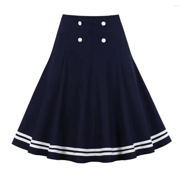 Saias femininas retro estilo marinho saia cintura alta duplo breasted círculo completo elegante a linha estudante bonito casual feminino fundo