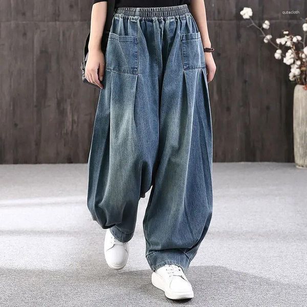 Jeans da donna Blu Oversize Donna Bloomers 2023 Autunno Casual Elastico A vita alta Denim Pantaloni stile harem Femme Vintage Grande tasca Baggy