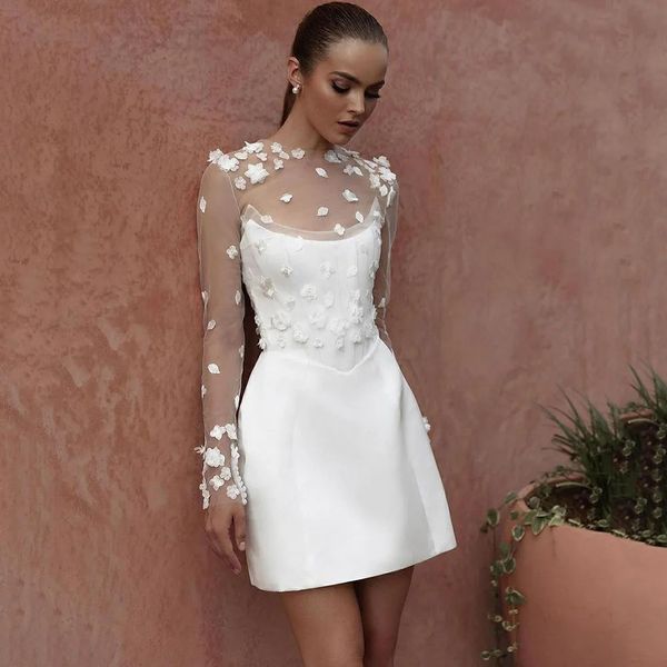 2024 sexy mini vestido de casamento jóia manga longa 3d flor renda verão brach vestidos de festa nupcial elegante cetim vestido de novia vestidos de noiva