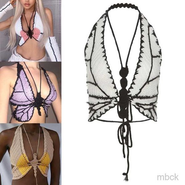 Damen Tanks Camis Frauen Sommer Sexy Aushöhlen Strick Leibchen Tiefer V-Ausschnitt Halfter Rückenfrei Crop Top Häkeln Schmetterling Bralette Strandweste Musikfestival