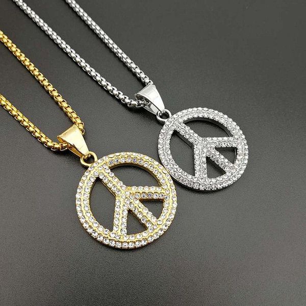 Anhänger Halsketten Friedenssymbol Anti-Kriegszeichen Halskette Edelstahl Goldketten für Männer Frauen Hip Hop Iced Out Schmuck