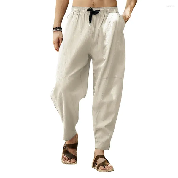 Erkek pantolon pamuk keten çizim fener tozluk joggers rahat elastik bel gevşek yoga harem pantolon katı