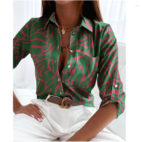 Blusas femininas outono impressão casual camisa solta topos de manga comprida blusa de escritório elegante única linha botão abotoaduras lapela praia