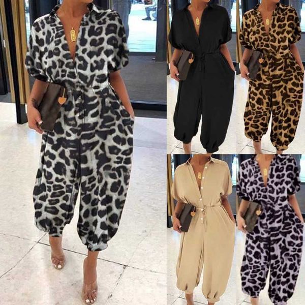 Damen Overalls Strampler Damen Kurzarm Pluderhosen Overall Sexy Knopfleiste Leopard Lose Strampler P230419