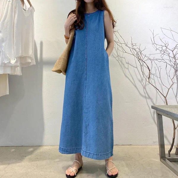 Damen Jeans Blau Sommerkleid Frauen 2023 Mode Korea Elegante dünne Imitation Denim Vintage Lose ärmellose lange Streetwear Kleidung