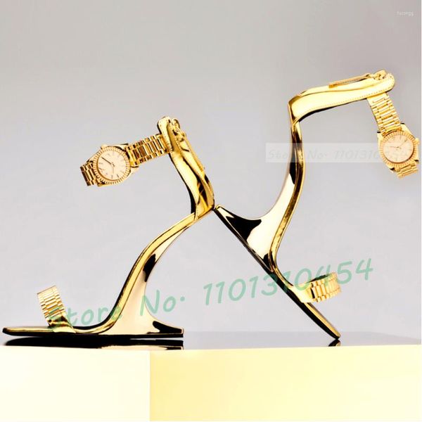 Платье обуви Металлические часы Смоки сандалии женщин летние элегантные каблуки на каблуках золото 2023 роскошная повседневная лодыжка