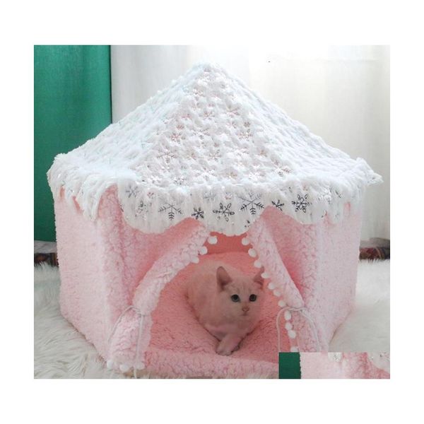 Zwinger Stifte Süßes Katzenbett Hundezelt Bequemes Rosa Haustierhaus Baumwollhütte Tragbares Kätzchen Tipi Faltbare Schlafmatte Höhlenprodukte Drop Dhwzw