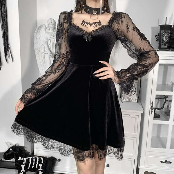 Gothic Spitze Patchwork Rüschen Veet Vintage Lolita Hohe Taille A-linie Frauen Backless Sexy Elegante Party Kleid