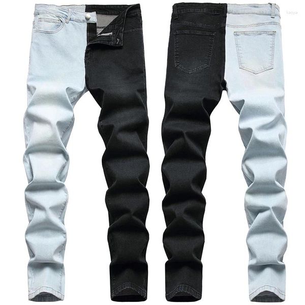 Jeans da uomo e cuciture alla moda in stile americano Tendenza bicolore Denim elasticizzato europeo per uomo di grandi dimensioni