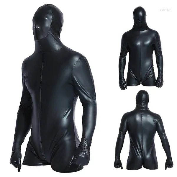 Anime kostümleri süper havalı seksi erkekler siyah patent deri tulum vinil lateks esaret catsuit wetook stenard bodysuit için 6736 cosplay
