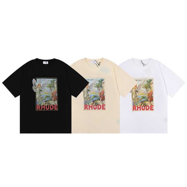 Designer Rhude Tees Magliette hip hop High Street Trend Marca Estate Tempo libero Angelo Vergine Pittura Uomo Donna T-shirt allentata Allentato Streetwear alta qualità