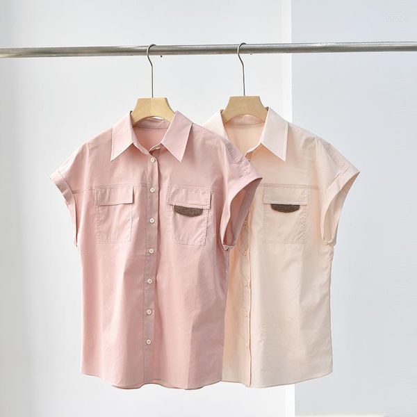 Blusas femininas 2023 verão camisa pequena fêmea fêmea penteada algodão com mangas curtas top fino rosa