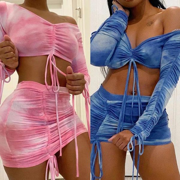Arbeit Kleider 2023 Frauen Sommer Sexy Mode Party V-ausschnitt Bandage Crop Top Mini Rock Outfit Zwei Stück Sets Für Weibliche neon Farbe