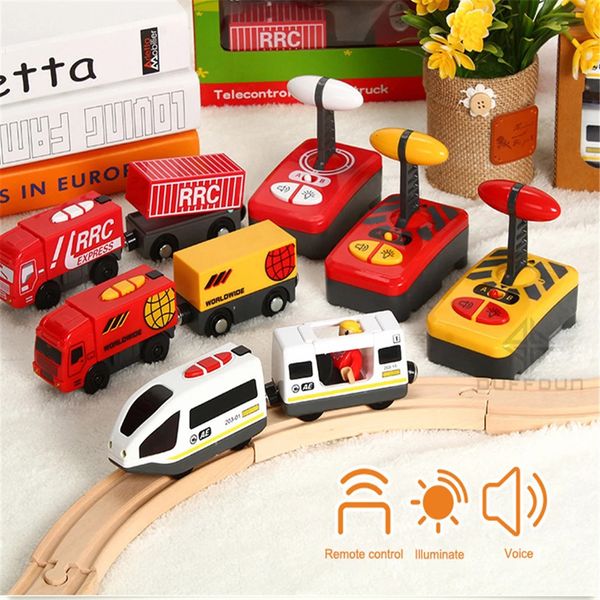 Elektrik/RC Track Ahşap RC Tren Uzaktan Kumanda Elektrik Aksesuarları Manyetik Demiryolu Araç Çocuk Simüle İzi Geri Dönüş Gücü Oyuncaklar Seti 230420
