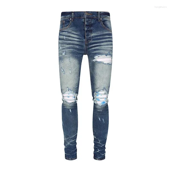 Мужские джинсы Уличный модельер Мужские темно-синие брюки на эластичных пуговицах Заплатанные узкие рваные брюки в стиле хип-хоп Брендовые брюки Hombre